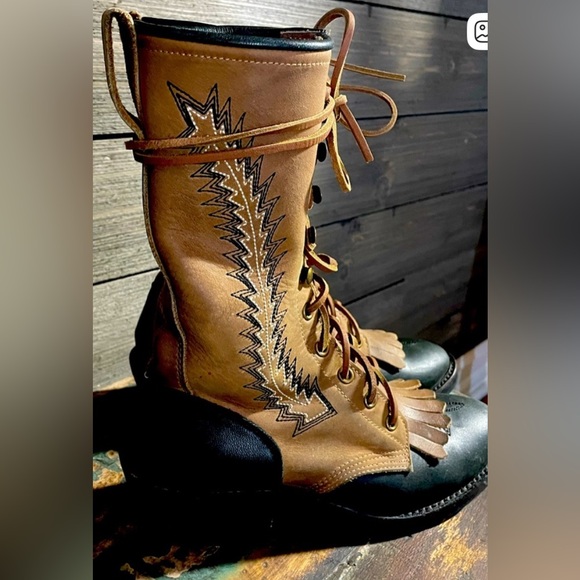 Two-Tone Leather Lace-Up Boots - Picture 3 of 7